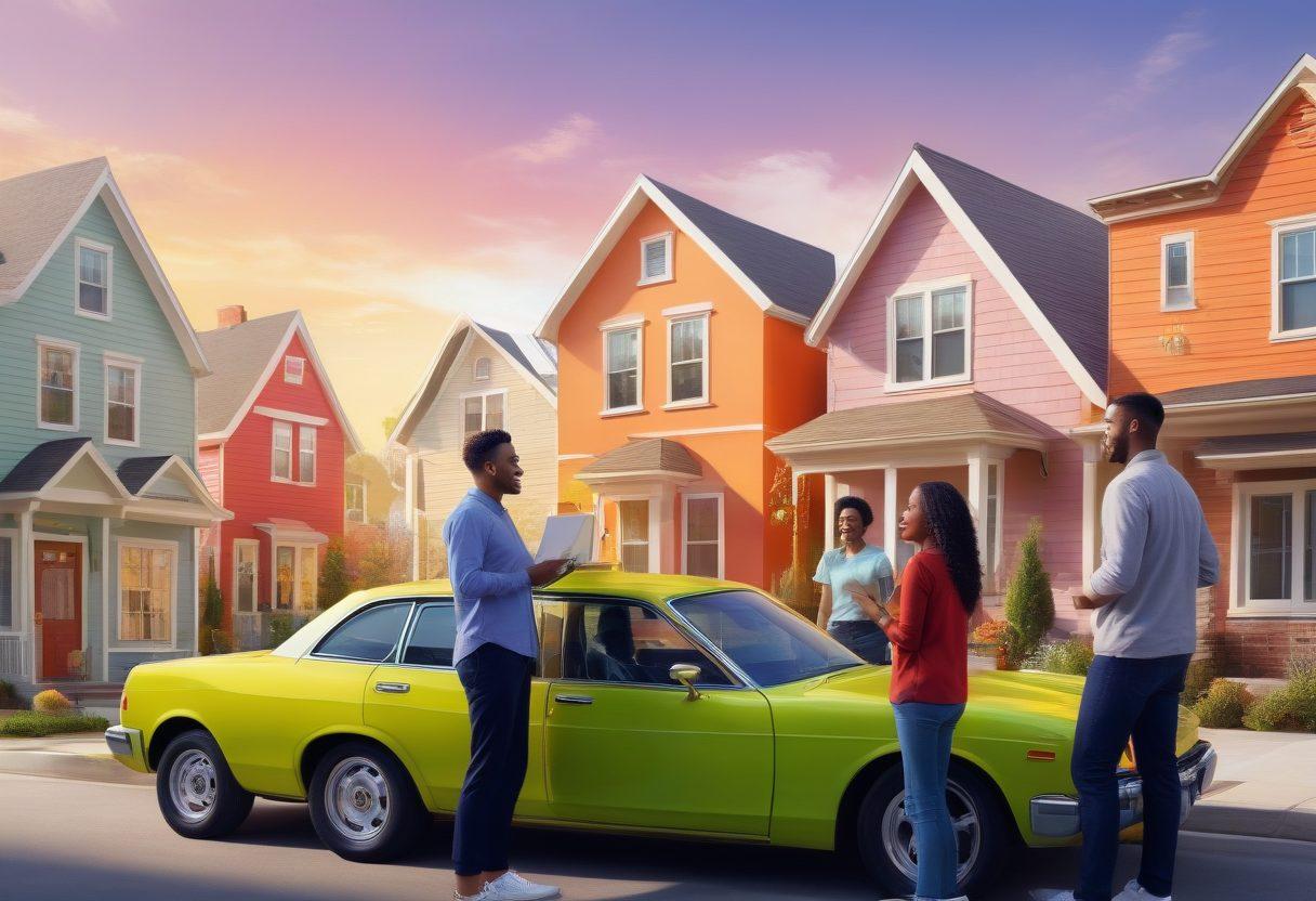 A welcoming scene featuring a diverse group of people engaging in conversation over an open insurance policy, with a background of affordable housing and various insurance icons like a shield, car, and health cross. Emphasize warmth and community, with people smiling and gesturing actively. Soft natural lighting highlighting the ease of understanding insurance. bright colors. clean design. vector art.
