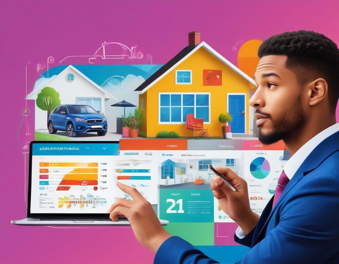 A split-screen illustration showing a person thoughtfully comparing different insurance rates on one side, while on the other side, a collage of various insurance symbols like houses, cars, and health icons highlights custom coverage options. The backdrop features a colorful, modern digital interface with graphs and charts depicting rate comparisons. Emphasize clarity and accessibility. vibrant colors. flat design.