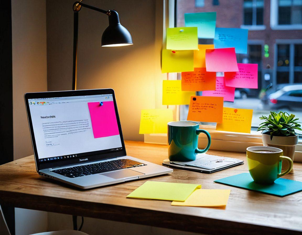 A modern laptop on a stylish desk, displaying a colorful website with insurance quotes on the screen. Surrounding the scene are bright sticky notes with tips for securing better insurance deals. A warm coffee cup rests next to the laptop, suggesting a cozy work atmosphere. Sunlight streams through a window, illuminating the space. vibrant colors. 3D.